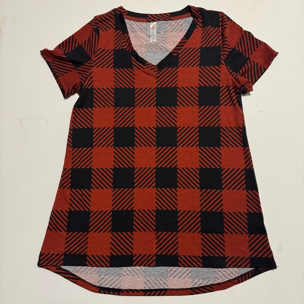 Lularoe Christy Red and Black Plaid V-Neck T-Shirt
